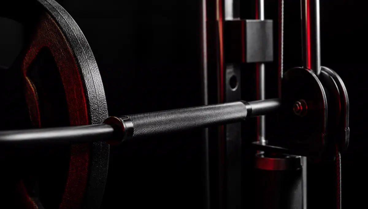 Detalhe da barra serrilhada e equipamentos de musculação